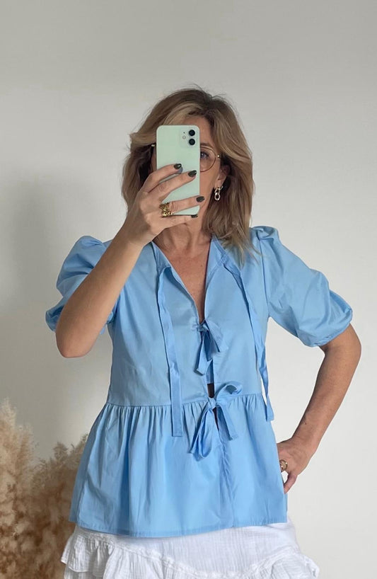 Blouse à noeuds ALICE bleue🇮🇹